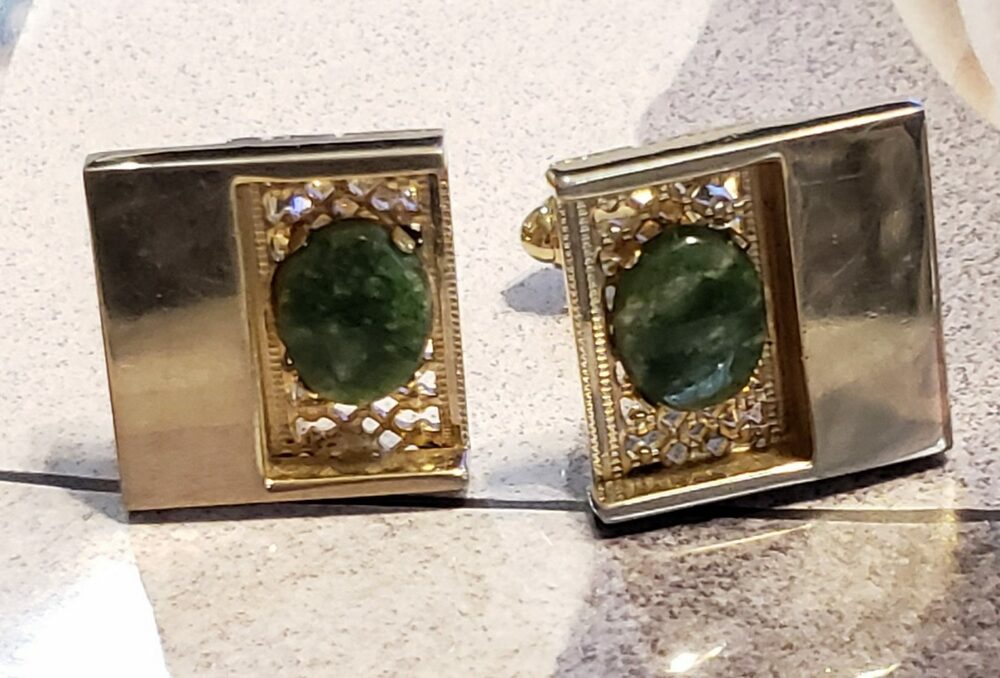 Vintage Dante Jade Cufflinks Gold Tone 3/4"‎ Square Mid Century Groom Gift cl-